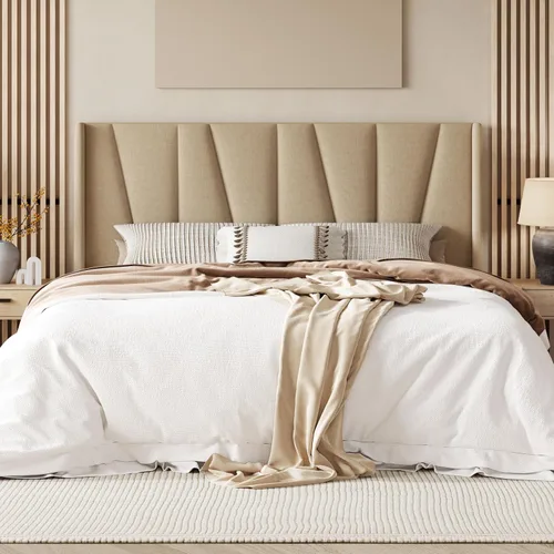 Miniatura 10 de Allewie Marco de Cama de Plataforma de Terciopelo Tamaño Queen con Cabecera Wingback Geométrica, Cama Tapizada Boho con Soporte de Listones de Negro