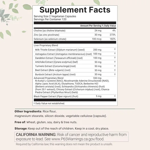 Miniatura 2 de Liver Advanced+, 240 cápsulas vegetales Complejo 20 en 1 con cardo mariano, diente de león, NAD, NAC, ALA, TUDCA, glutatión, alcachofa, cúrcuma