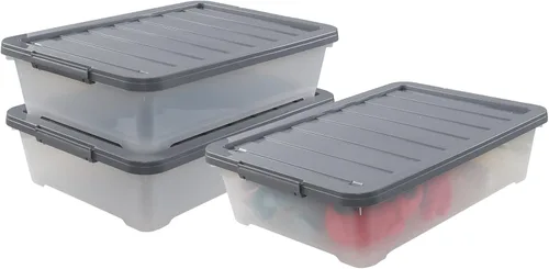 Miniatura 7 de Paquete de 3 cajas grandes de plástico de 40 cuartos de galón con ruedas, contenedores de almacenamiento poco profundos