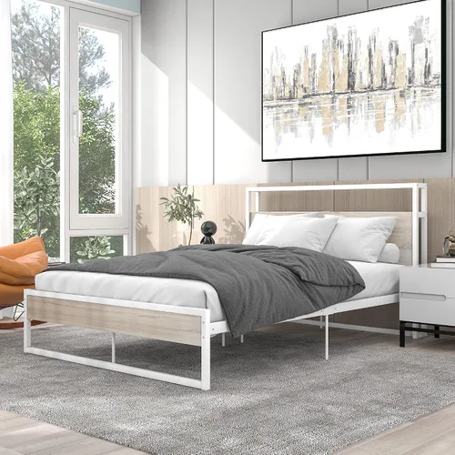 Miniatura 12 de VilroCaz Cama de plataforma de tamaño matrimonial con enchufes y puertos USB, marco de cama de plataforma de metal moderno con cajones, soporte