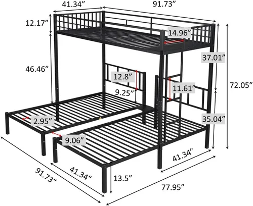 Miniatura 2 de Litera triple con escalera y cabecero, se puede dividir en 3 camas individuales, color negro