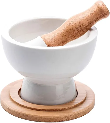 Mortero y mortero de porcelana - Trituradora de píldoras, molinillo de especias, cuenco de hierbas, polvo de pesto - Regalo ideal - con base