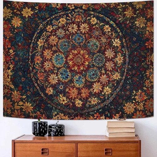 Miniatura 34 de Fowocu Tapiz bohemio con mandala floral para colgar en la pared, medallón de flores bohemias, tapiz estético, beige, naranja, hippie, indio, pequeño