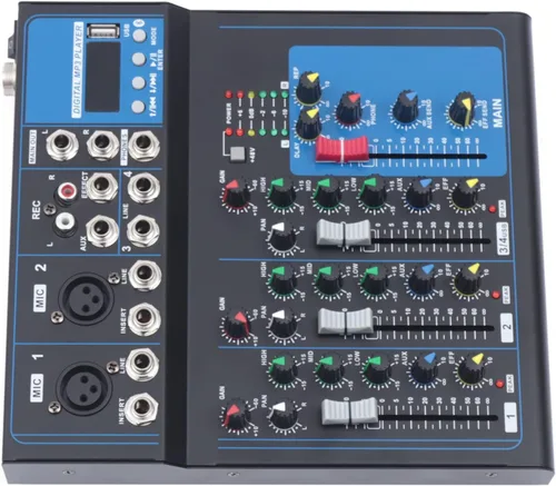 Miniatura 9 de Consola de mezcla profesional de 4 canales, mezclador de audio, tablero de sonido, Bluetooth, USB, mezclador de estudio en vivo con unidad USB