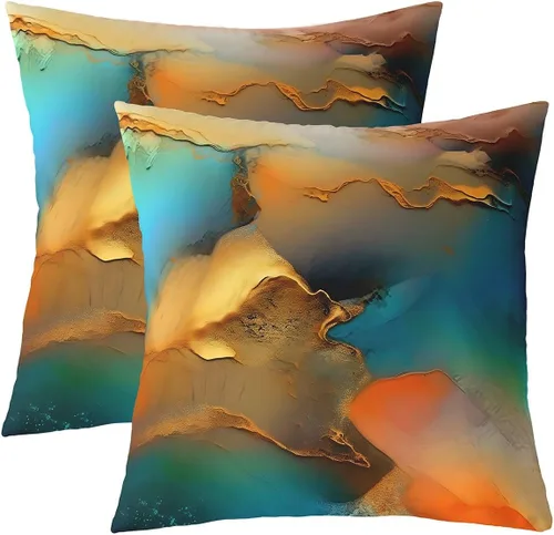 Juego de 2 fundas de cojín decorativas con diseño de mármol azul dorado y moderno de 16 x 16 pulgadas, diseño de acuarela retro, fundas de cojín