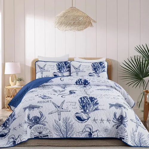 Miniatura 27 de DJY Beach Quilt Set Queen Size,3 Piece Coastal Ocean Summer Bedspread Coverlet Set with 2 Pillow Cases Lightweight Soft Microfiber Nautical Bedding