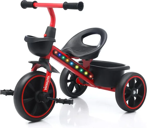Miniatura 7 de Triciclo para niños con luces LED coloridas para niños pequeños de 1 a 3 años, diseño estable de 3 ruedas y canasta de almacenamiento para paseos