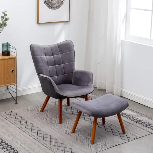Roundhill Furniture Leiria - Silla decorativa contemporánea de terciopelo sedoso con otomana, color gris