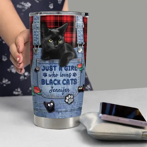 Miniatura 5 de SANDJEST Vaso personalizado de gato negro con texto en inglés «Just A Girls Who Loves Cat», vasos de 20 onzas y 30 onzas con tapa, regalo