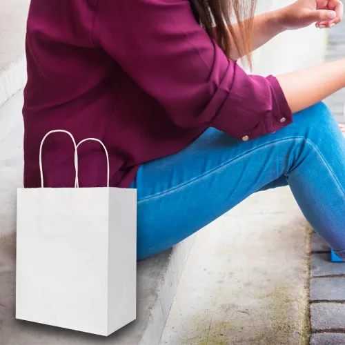 Miniatura 7 de Oikss Paquete de 100 bolsas de papel kraft blancas medianas de 8 x 4.75 x 10 pulgadas con asas a granel para favores de fiestas de cumpleaños, Blanco