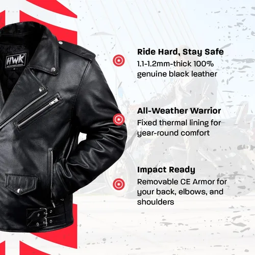 Miniatura 2 de HWK Brando - Chaqueta de cuero para motocicleta para hombre, chaqueta de cuero negro genuino con armadura CE extraíble para montar en moto