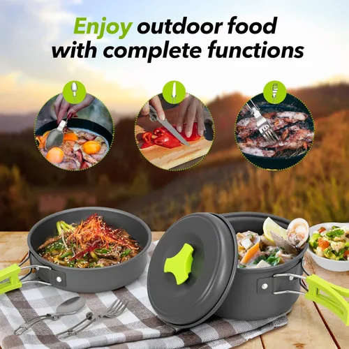 Miniatura 4 de Juego de 15 utensilios de cocina para acampar, juego de ollas ligeras antiadherentes, utensilios de cocina portátiles al aire libre para camping