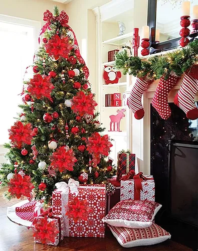 Miniatura 5 de 18 flores de Pascua de Navidad con purpurina, decoraciones de nochebuena roja para adornos de árbol de Navidad