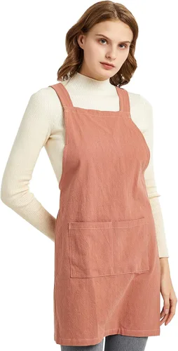 Miniatura 15 de ELEZAY Delantales para mujer con bolsillos, talla grande, cómodo, espalda cruzada, sin lazo, delantal de lino y algodón Marrón