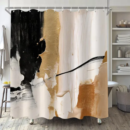 Miniatura 12 de Cortina de ducha negra y beige para baño, juego de cortina de ducha boho blanco, marrón, beige y crema, pintura al óleo abstracta de tela moderna