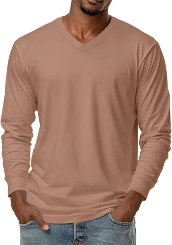 Miniatura 9 de Camiseta para hombre, manga larga, cuello en V, color liso, informal, básica, suave, elástica, M-3XL
