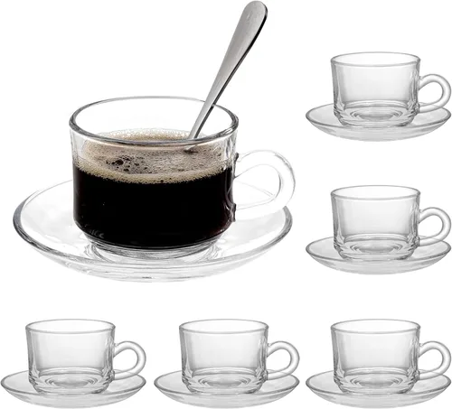 Miniatura 10 de Juego de 6 tazas de té y platillos de vidrio, tazas de café vintage con cuchara de acero inoxidable, tazas de té aptas para lavavajillas