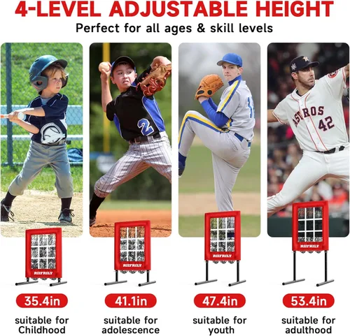 Miniatura 5 de Red de lanzamiento de béisbol resistente de 9 agujeros con bolsillos para objetivos de lanzamiento, zona de huelga de tamaño regulador
