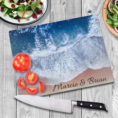 Miniatura 3 de Tabla de cortar de vidrio personalizada con olas oceánicas, tabla de cortar de queso de charcutería de vidrio, tabla de cortar de vidrio para regalo