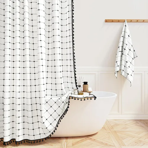Miniatura 10 de BTTN Juego de cortinas de ducha estilo bohemio de granja con borlas, tela rústica de lino resistente, repelente al agua, cortinas de ducha gruesas A