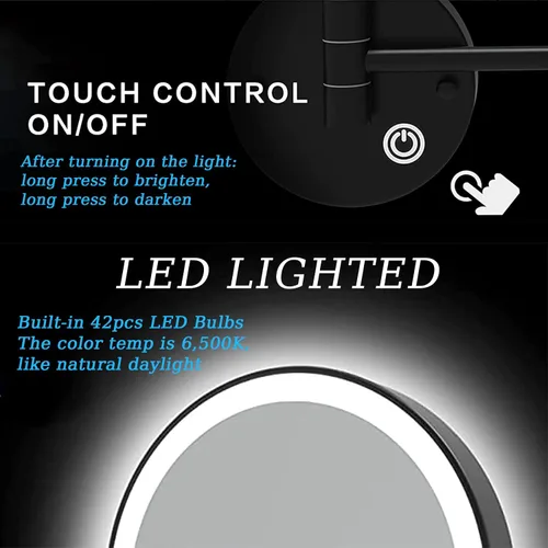 Miniatura 5 de Espejo de maquillaje LED con luces y aumento de 10x, espejo de tocador montado en la pared, redondo, de doble cara, con brazo extensible giratorio