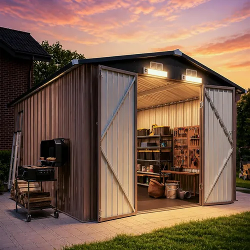 Miniatura 18 de Cobertizo de almacenamiento para exteriores de 5 x 3 pies, cobertizo de herramientas de jardín de metal con techo inclinado y puerta con cerradura