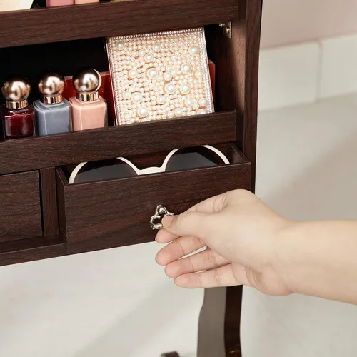 Miniatura 9 de SONGMICS - Armario de joyería con espejo y con 6luces LED, organizador de joyería de pie con espejo y con cerradura, 2cajones, color marrón UJJC94K