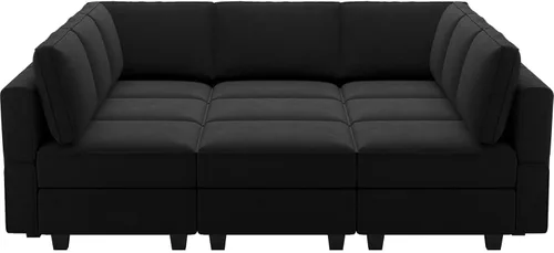 Miniatura 8 de Belffin - Sofá modular seccional con otomanos, terciopelo reversible, cama para invitados, tumbona, asiento con almacenamiento, color negro