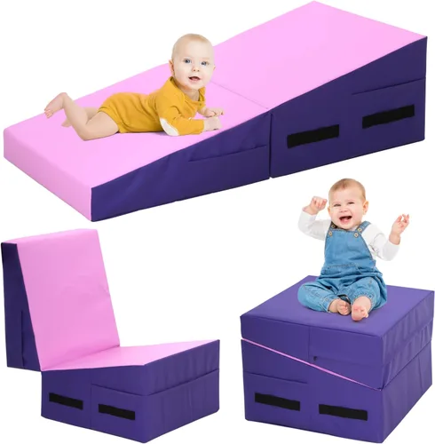 Miniatura 8 de BLKMTY Colchoneta de gimnasia inclinada para niños, 34 x 24 pulgadas, tapete plegable de cuña de queso para niños, tapete de yoga para hacer azul