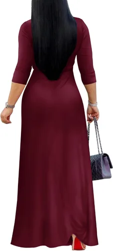 Miniatura 2 de FANDEE - Vestido largo de verano para mujer, unicolor, bohemio con cuello en V y manga 34