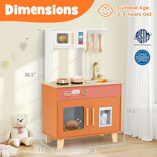Miniatura 8 de Costzon Cocina de juego para niños, juego de cocina Little Chef con microondas, estufas, pomos de rotación, dispensador de hielo, grifo, fregadero