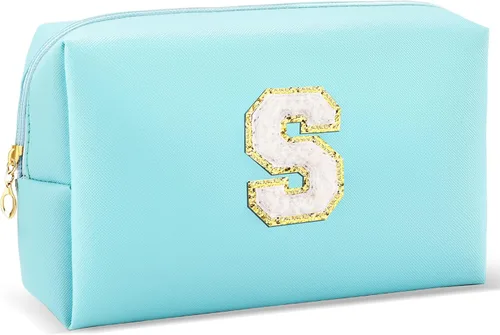 Miniatura 28 de URSKYTOUS Regalos para niñas, bolsa de maquillaje con inicial, bolsa de cosméticos personalizada con cremallera, bonita bolsa de aseo de viaje, Azul