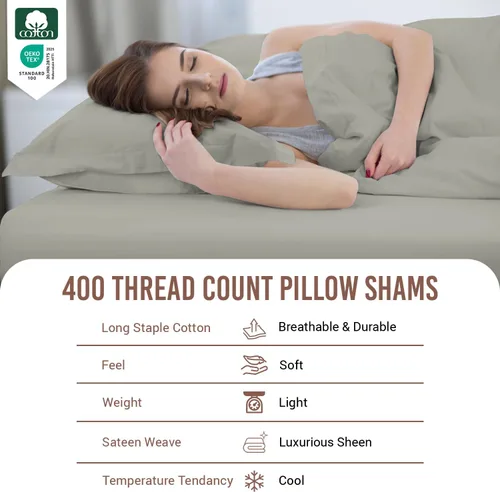 Miniatura 2 de Juego de 2 fundas de almohada de 100 % algodón puro, tamaño King, color plateado, lujosas fundas de almohada de algodón de fibra larga de 400 hilos