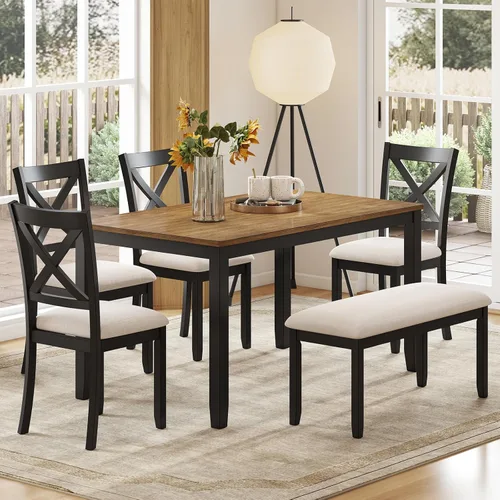 Miniatura 9 de Zevemomo Juego de mesa de comedor de madera maciza de 6 piezas, incluye 1 mesa de comedor, 4 sillas tapizadas y 1 banco, juego de mesa de comedor