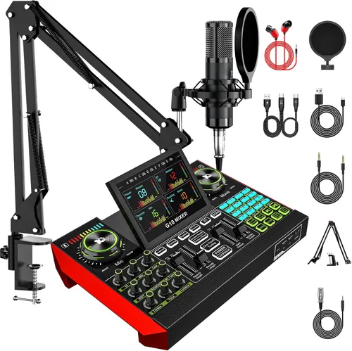 Miniatura 10 de Conjunto de micrófono de podcast con tarjeta de sonido en vivo y mezclador de audio, equipo de podcast con micrófono BM800 de 3.5mm para PC/YouTube