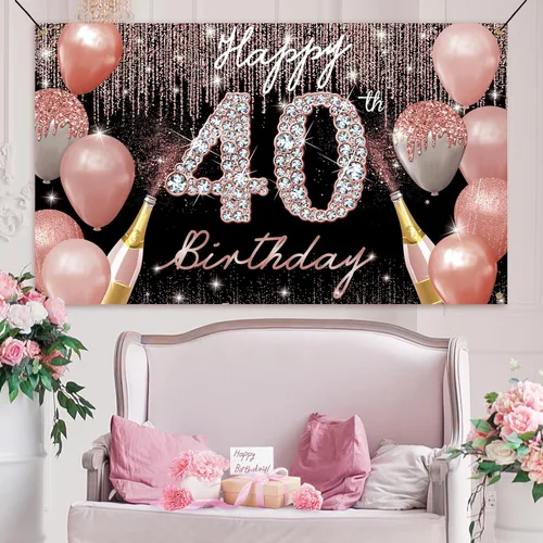 Miniatura 5 de Cartel de fondo de feliz cumpleaños 40, decoración de cumpleaños 40 para mujer, oro rosa, cartel de fiesta de cumpleaños de 40 años, cartel de fondo