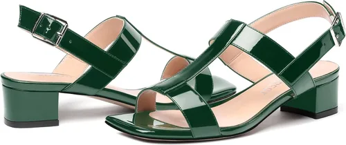 Miniatura 6 de SHOWFOREST Women's Solid Adjustable Strap Patent Outdoor Buckle Square Toe Casual Chunky Low Heel Heeled Sandals 1.5 Inch