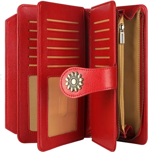 Miniatura 5 de Lavemi Carteras de cuero genuino de gran capacidad con bloqueo RFID para mujer, tarjetero con correa para la muñeca