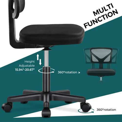 Miniatura 8 de DUMOS Sillas de oficina sin brazos con ruedas, ergonómicas ajustables para escritorio en casa, silla giratoria con ruedas, sin brazos, cómoda malla