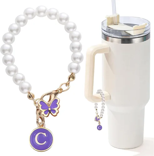Miniatura 117 de Encanto de letra para Copa Stanley, accesorios de cadena de perlas, encantos de iniciales de Copa Stanley para asa, decoración de botella de agua
