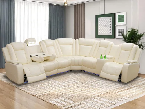 Miniatura 14 de Juegos de Muebles para Sala de Estar, Juego de Sofá Reclinable Eléctrico, Cuero Blanco Vainilla, Seccional de 2 Reclinables con Luz LED