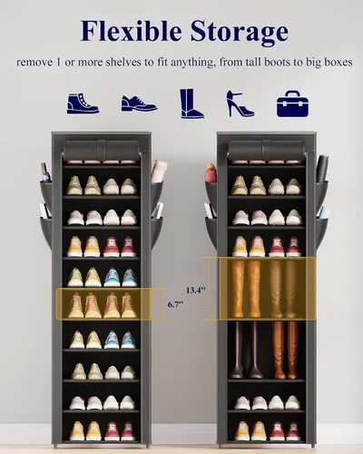 Miniatura 4 de Kitsure Zapatero – Estante organizador de zapatos de gran capacidad de 10 niveles con cubierta antipolvo y bolsillos laterales, zapatero de metal a