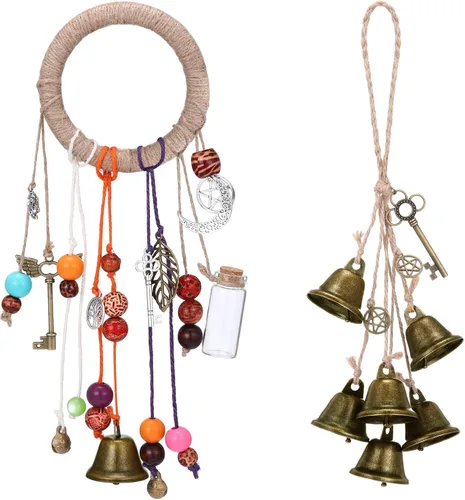 Miniatura 11 de Jetec 2 piezas de campanas de bruja para proteger las puertas, campanas de viento de bruja, corona hecha a mano para decoración de puerta del hogar