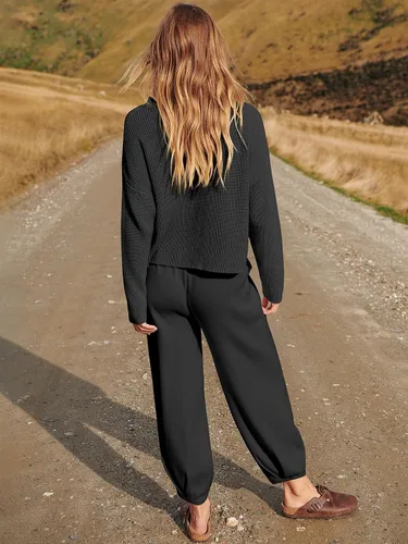 Miniatura 8 de Prinbara Conjunto de 2 piezas para mujer, suéter de punto para otoño, pantalones de gran tamaño, conjunto casual de descanso