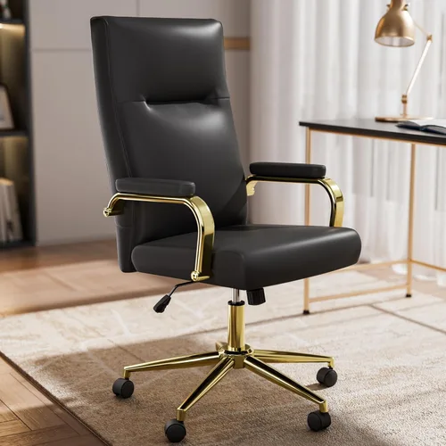 GXJ Silla de oficina negra y dorada de espuma viscoelástica, silla de oficina con respaldo alto con brazos y ruedas, silla de escritorio ejecutiva