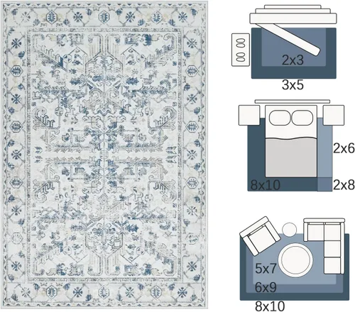 Miniatura 66 de jinchan Lima - Alfombra simétrica floral geométrica lavable, alfombra de entrada de medio círculo de 2 x 3, alfombra de media luna, suave y Azul