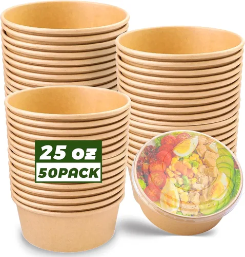 Miniatura 9 de Paquete de 25 envases de papel de 25 onzas, contenedores de alimentos desechables con tapas, cuencos desechables, cuencos de ensalada desechables