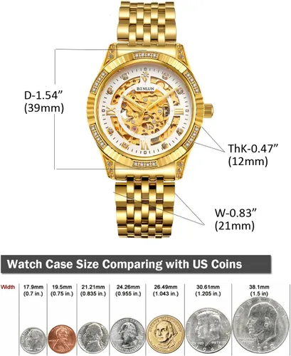 Miniatura 5 de BINLUN Reloj de pulsera para hombre, mecánico automático, reloj dorado con cuerda automática, elegante, chapado en oro de 18 quilates, relojes