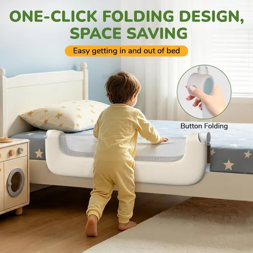 Miniatura 2 de Barandilla protectora de cama para niños pequeños, altura ajustable de 32 pulgadas y riel de cama portátil plegable para bebé, barandillas de cama