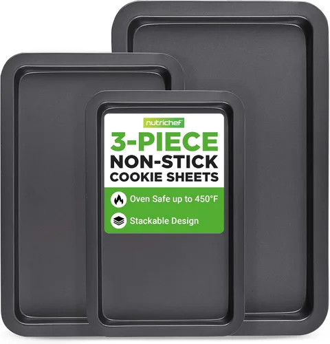 NutriChef Juego de 3 bandejas antiadherentes para hornear, no tóxicas, para hornear diariamente, bandejas pequeñas, medianas y grandes, aptas para